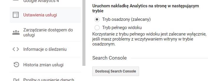 google analytics dostosuj search console